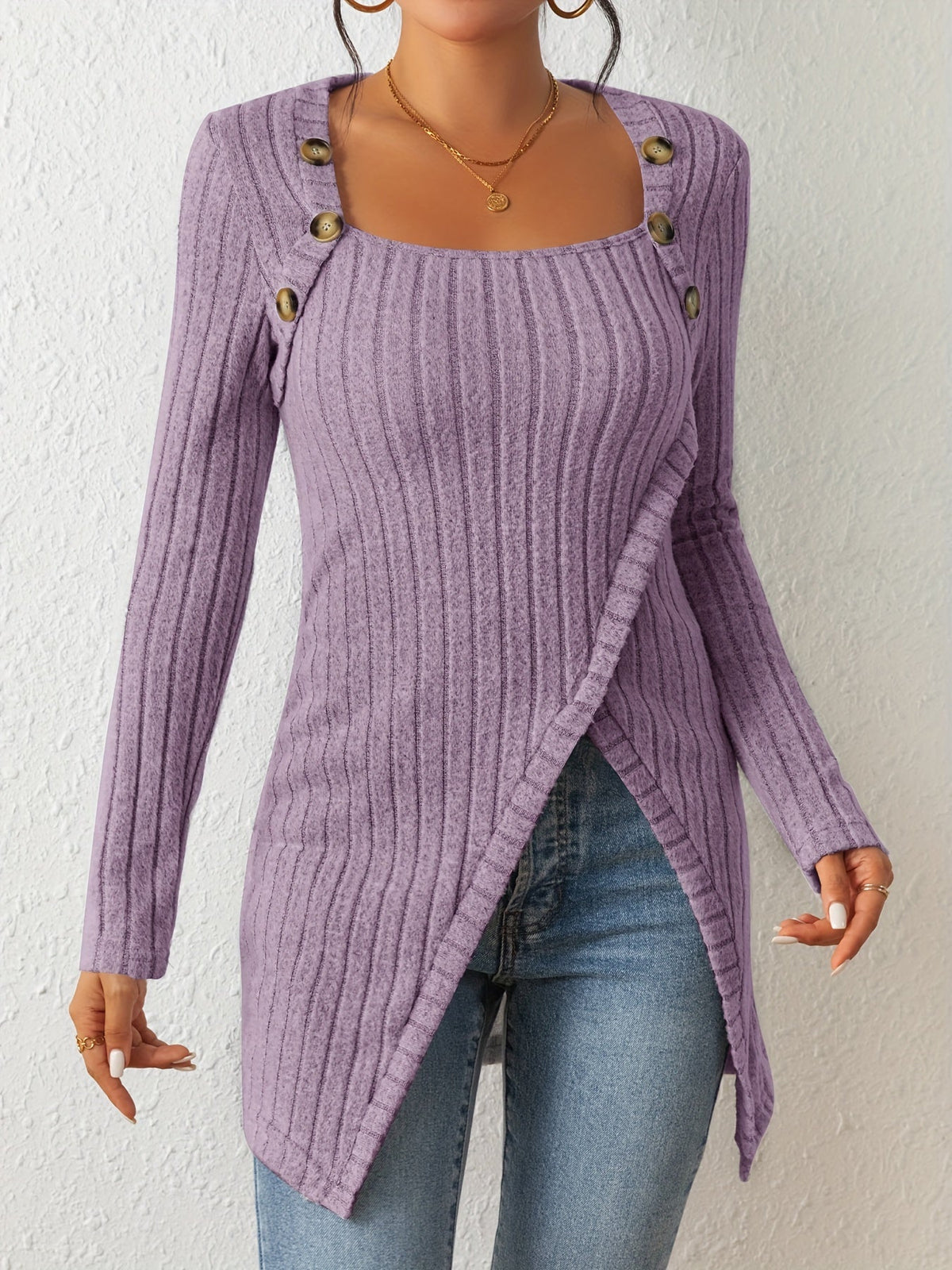 Ribbed Knit Asymmetrical Hem T-Shirt