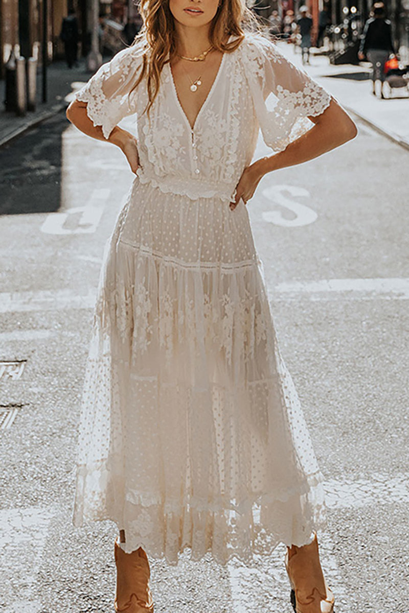 Sweet White Crochet Lace Maxi Dress