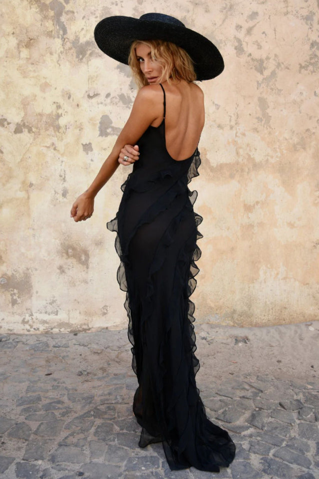 Solid Ruffle Open Back Maxi Dress