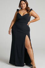 Ruffle Shoulder High Slit Maxi Dress