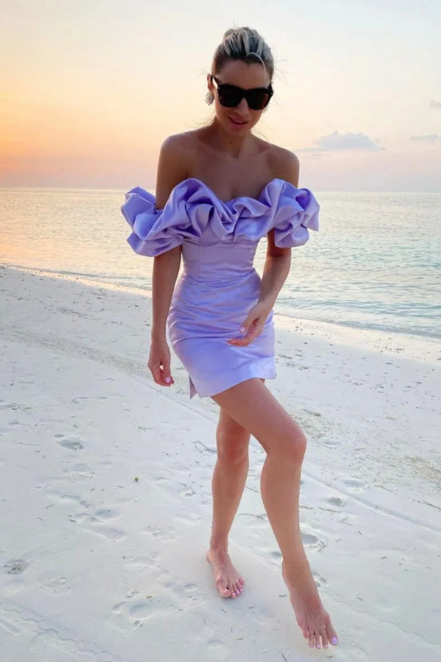 Ruffled Off Shoulder Satin Mini Dress