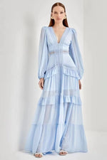 Glam Long Sleeve Ruffle Trim Maxi Dress