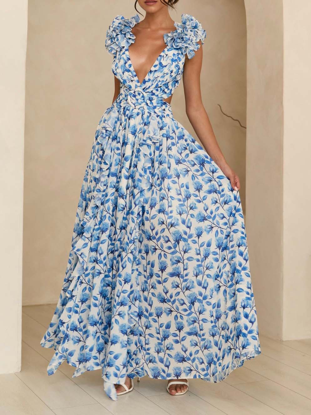 Elegant Floral Rosette Trim Maxi Dress