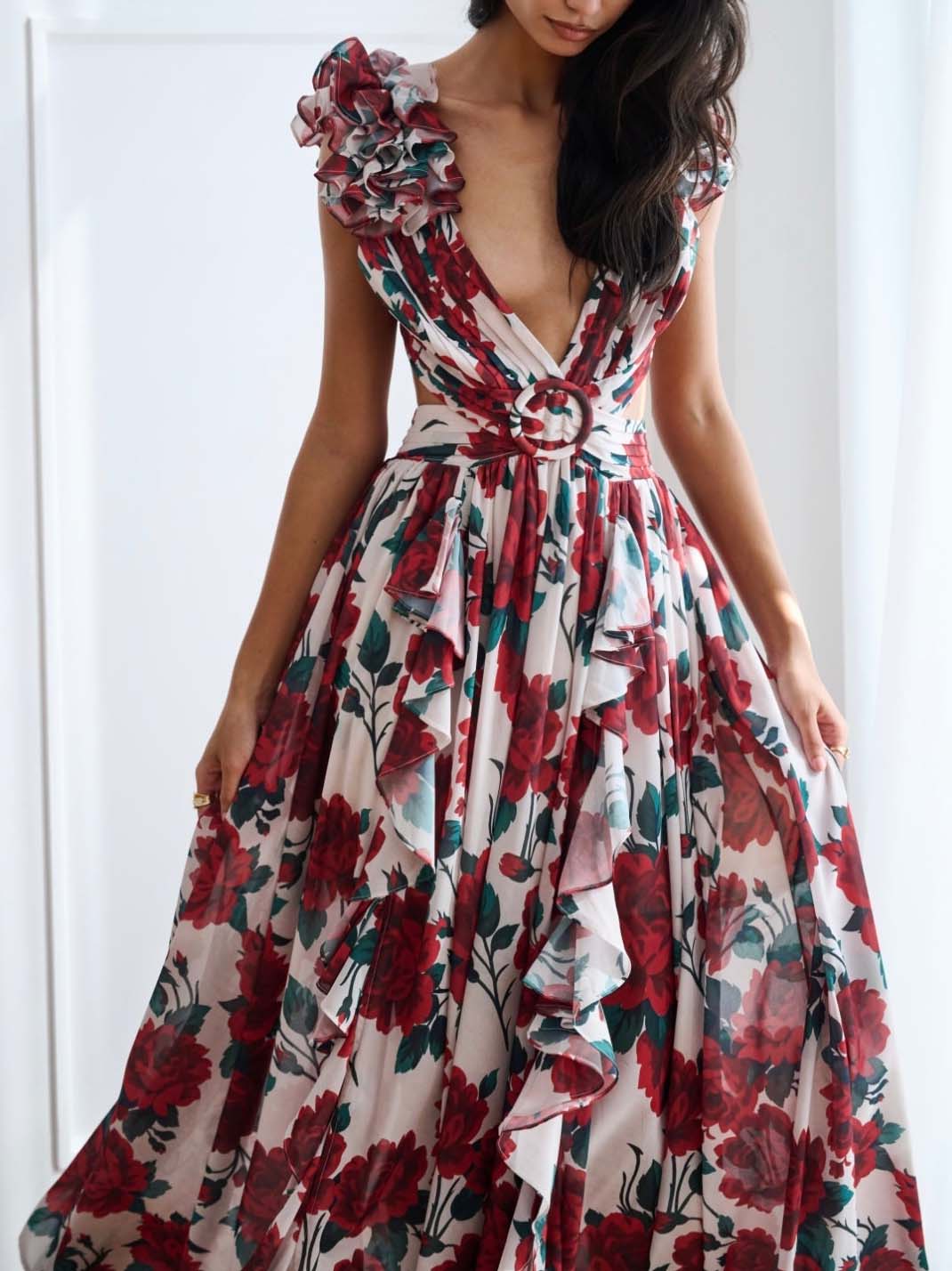 Elegant Floral Rosette Trim Maxi Dress