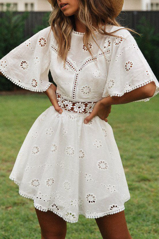 White Backless Crochet Lace Mini Dress