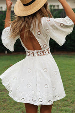 White Backless Crochet Lace Mini Dress