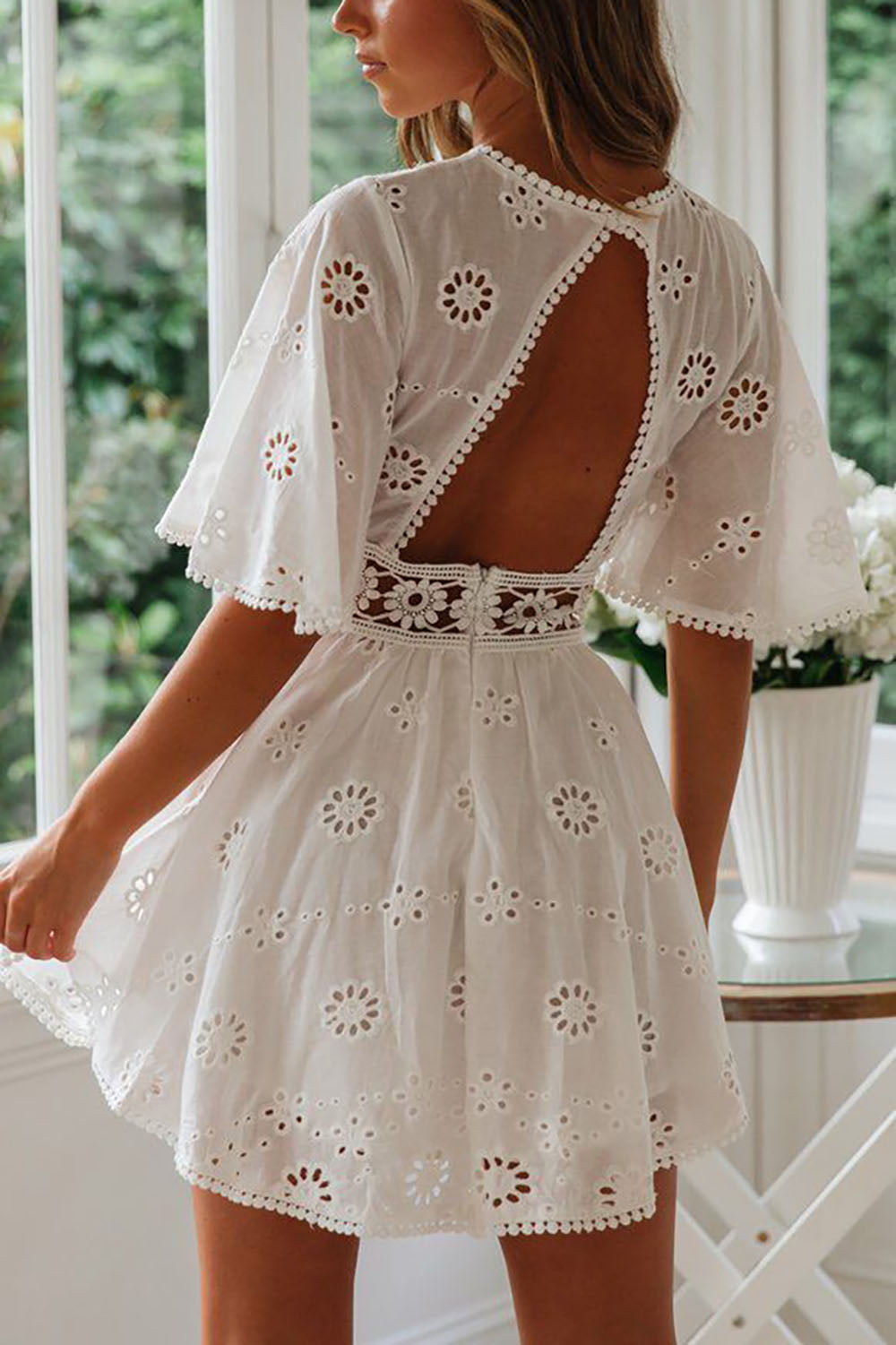 White Backless Crochet Lace Mini Dress