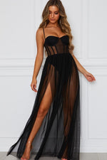 Black Tulle Mesh High Slit Maxi Dress
