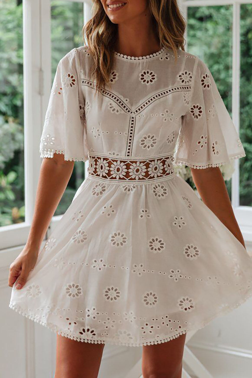 White Backless Crochet Lace Mini Dress