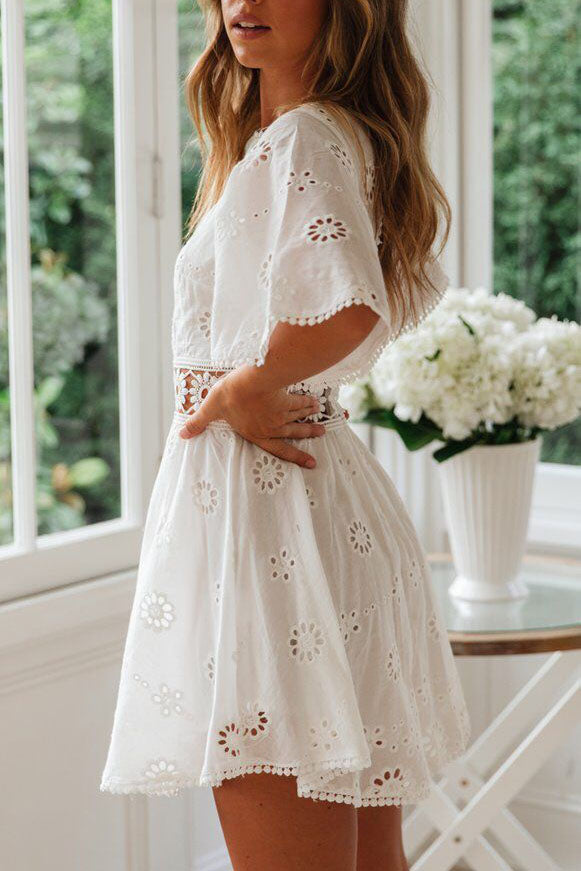 White Backless Crochet Lace Mini Dress