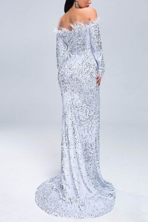 Off Shoulder Feather Trim Sequin Maxi Dress
