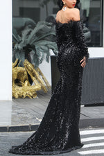 Off Shoulder Feather Trim Sequin Maxi Dress