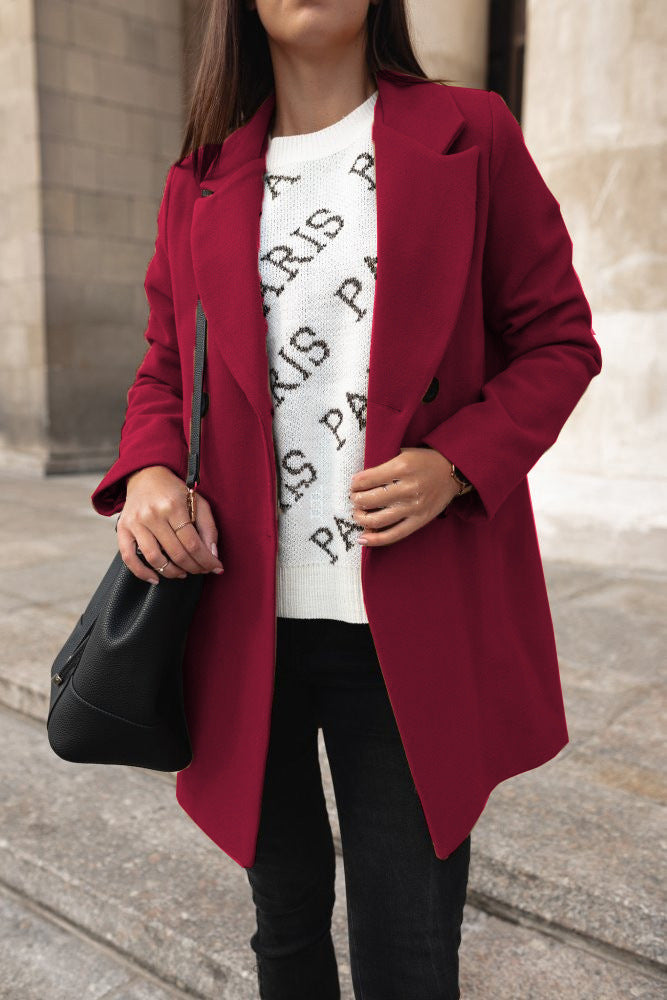 Solid Long-Sleeved Double-Breasted Woolen Coat