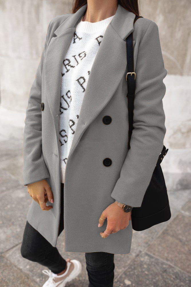 Solid Long-Sleeved Double-Breasted Woolen Coat