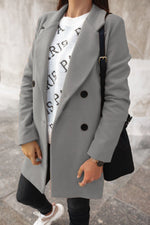 Solid Long-Sleeved Double-Breasted Woolen Coat