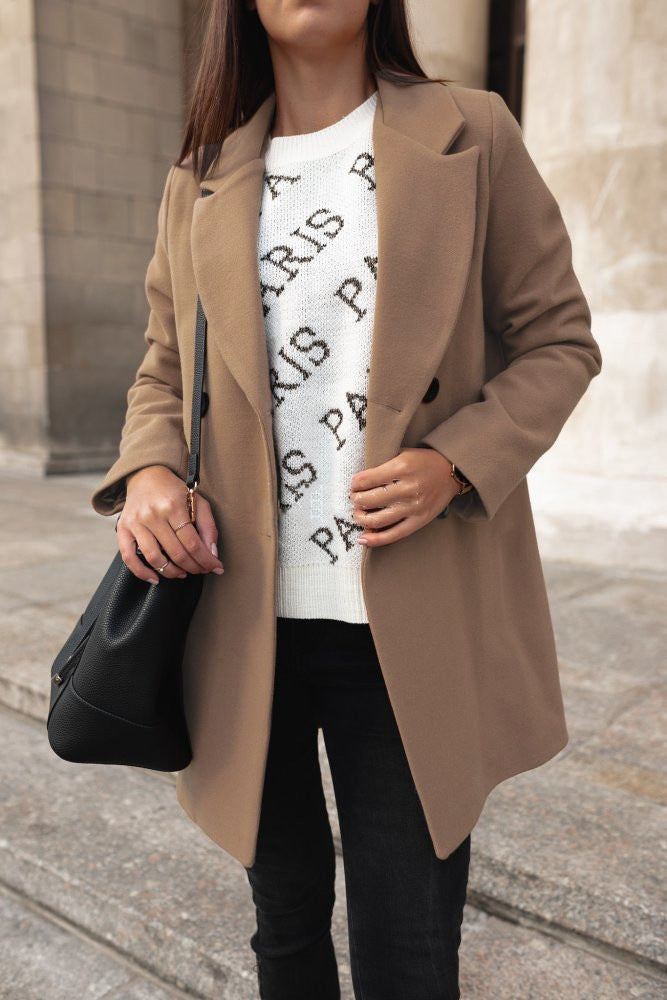 Solid Long-Sleeved Double-Breasted Woolen Coat