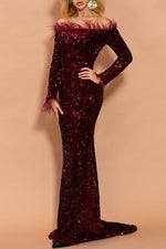 Off Shoulder Feather Trim Sequin Maxi Dress