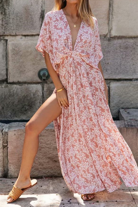 Pink Floral High Slit Maxi Dress