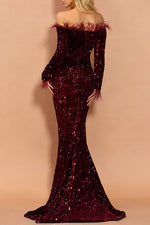 Off Shoulder Feather Trim Sequin Maxi Dress
