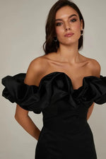 Ruffled Off Shoulder Satin Mini Dress