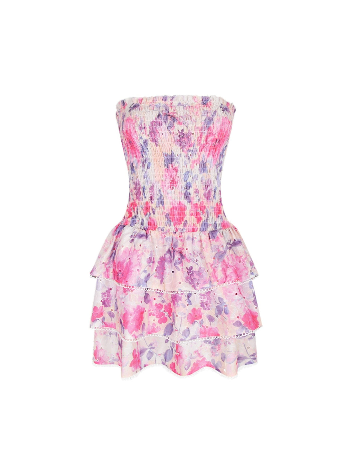 Purple Floral Smocked Strapless Mini Dress