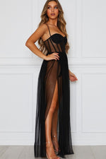 Black Tulle Mesh High Slit Maxi Dress