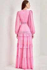 Glam Long Sleeve Ruffle Trim Maxi Dress