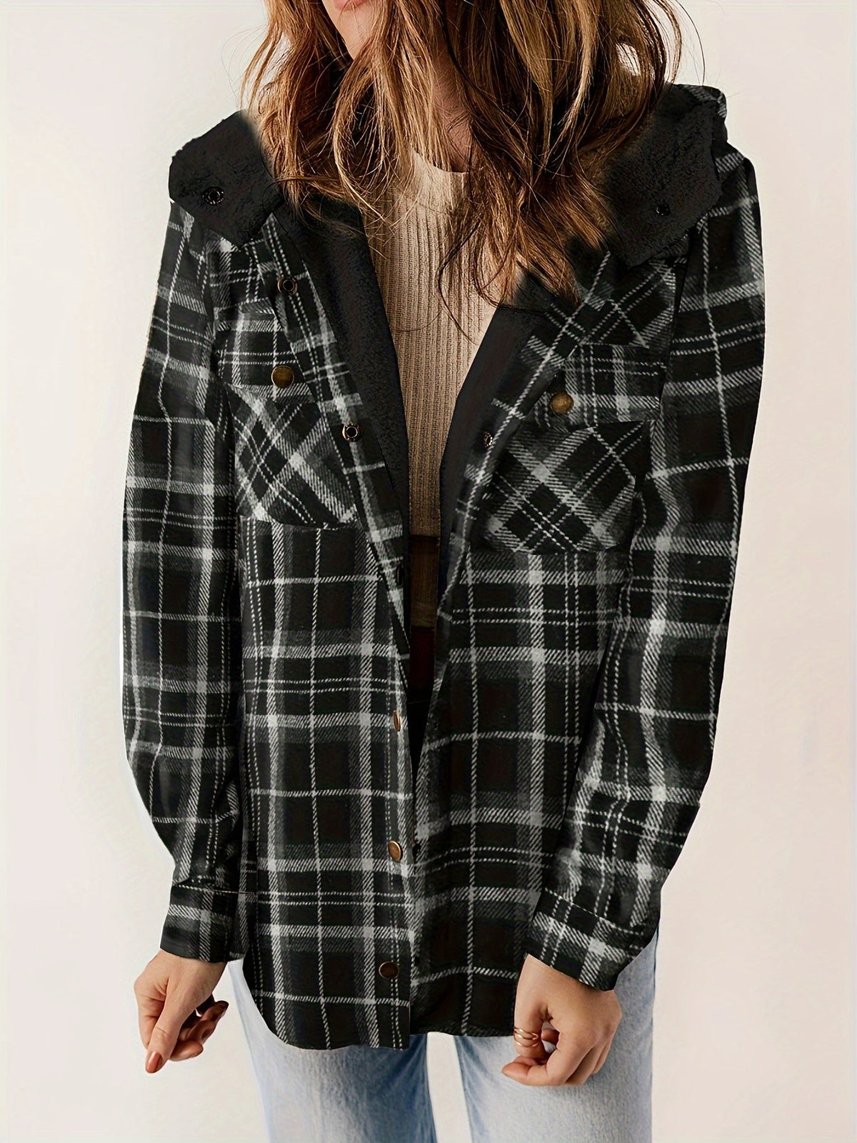 Plaid Pattern Thermal Lining Hooded Jacket