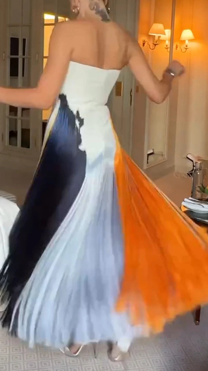 Orange Color Block Bandeau Midi Dress