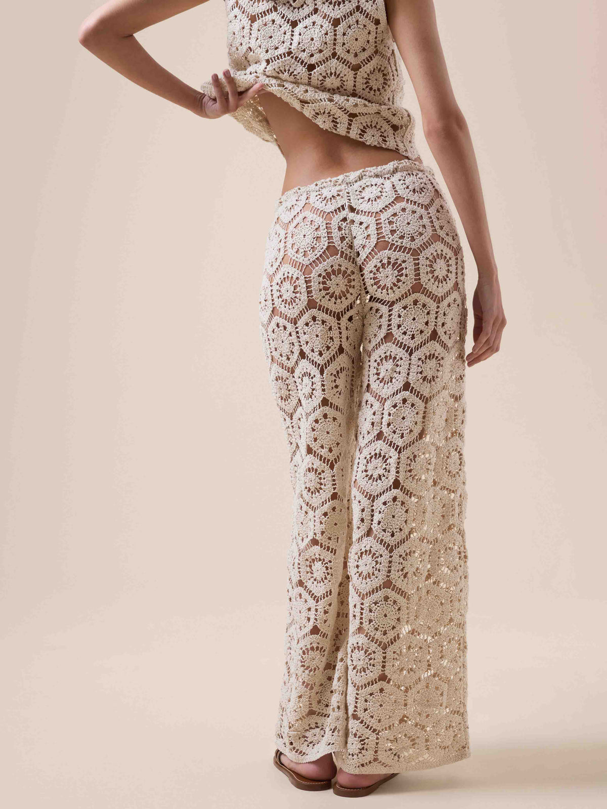 Beige Crochet Knit Tank and Wide-Leg Pants Two-Piece Set