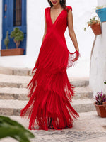 Elegant Deep V-Neck Tiered Fringe Maxi Dress