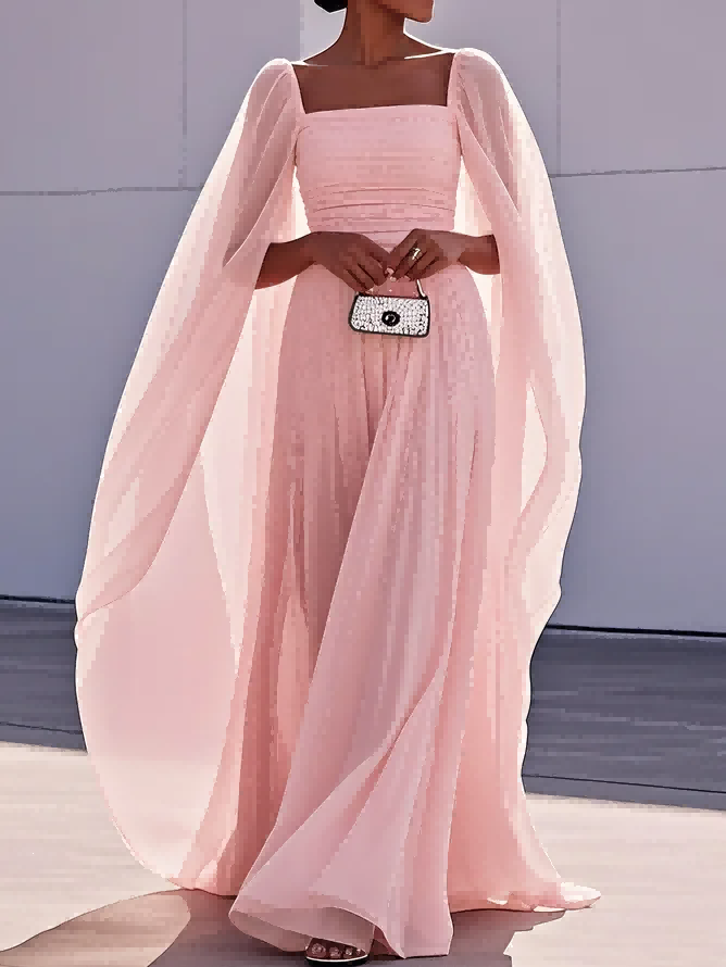 Elegant Cape Sleeve Chiffon Maxi Dress