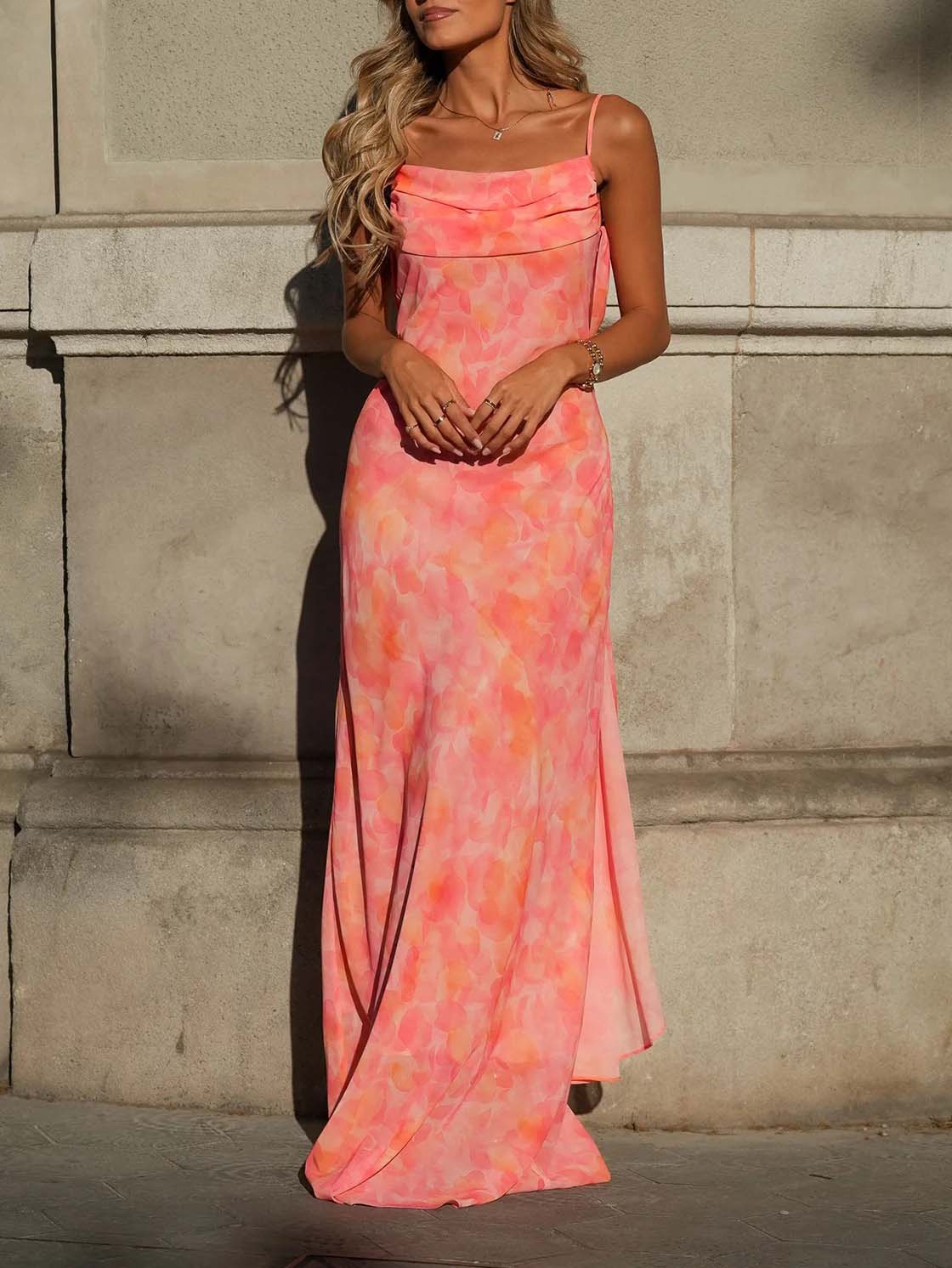 Pink Watercolor Print Maxi Dress