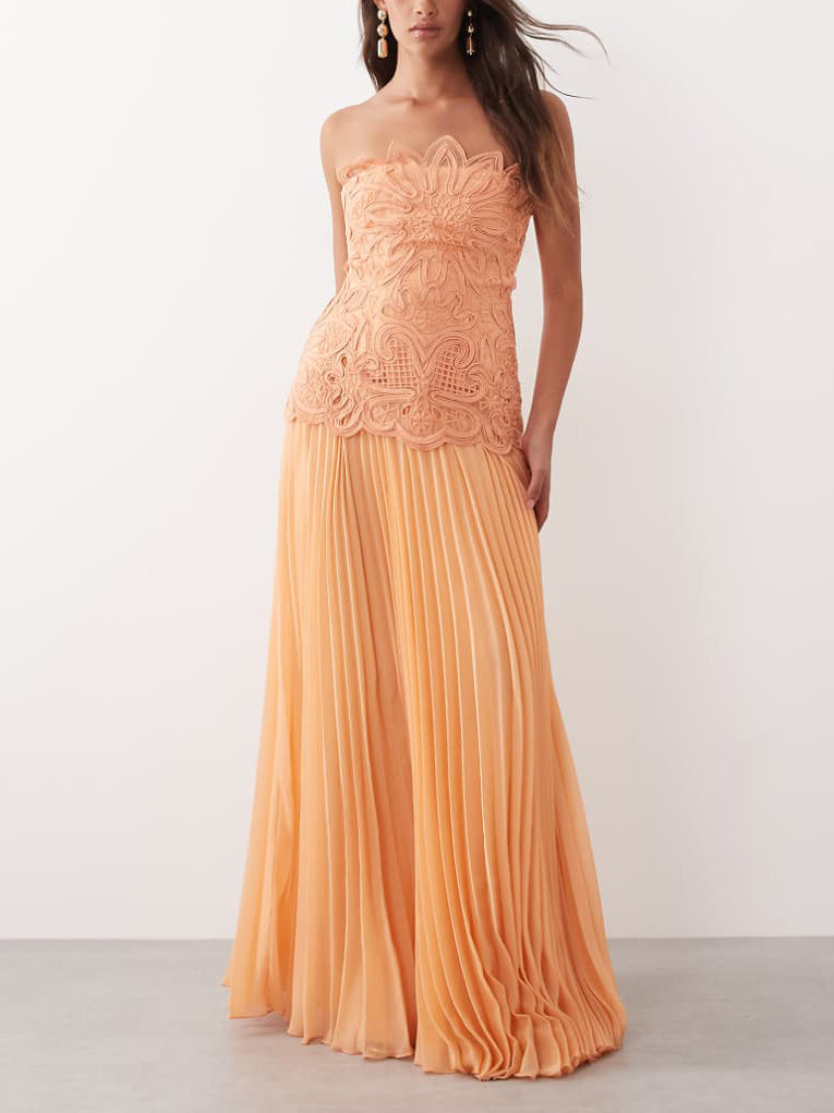 Orange Strapless Embroidered Lace Maxi Dress