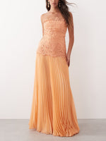 Orange Strapless Embroidered Lace Maxi Dress