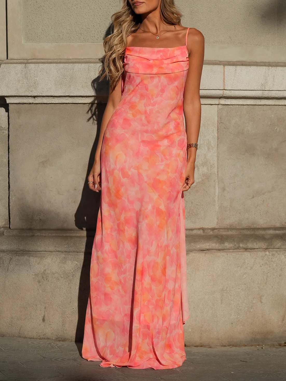 Pink Watercolor Print Maxi Dress