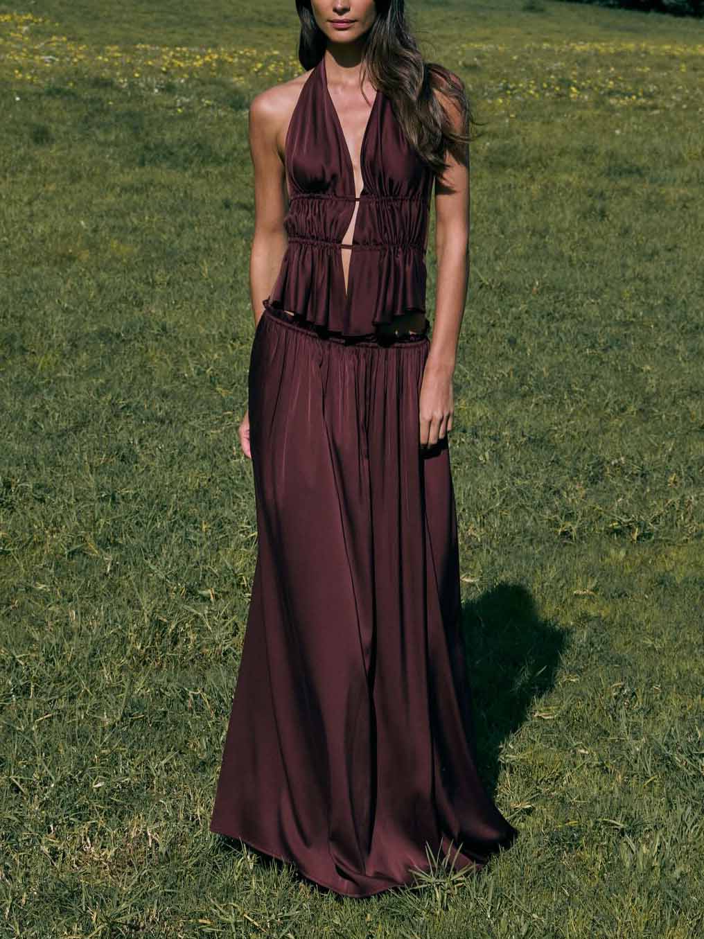 Purple Ruched Backless Top and Skirt Two-Piece Set