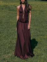 Purple Ruched Backless Top and Skirt Two-Piece Set