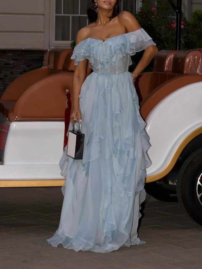 Baby Blue Off-Shoulder Ruffle Maxi Dress