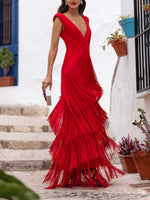 Elegant Deep V-Neck Tiered Fringe Maxi Dress