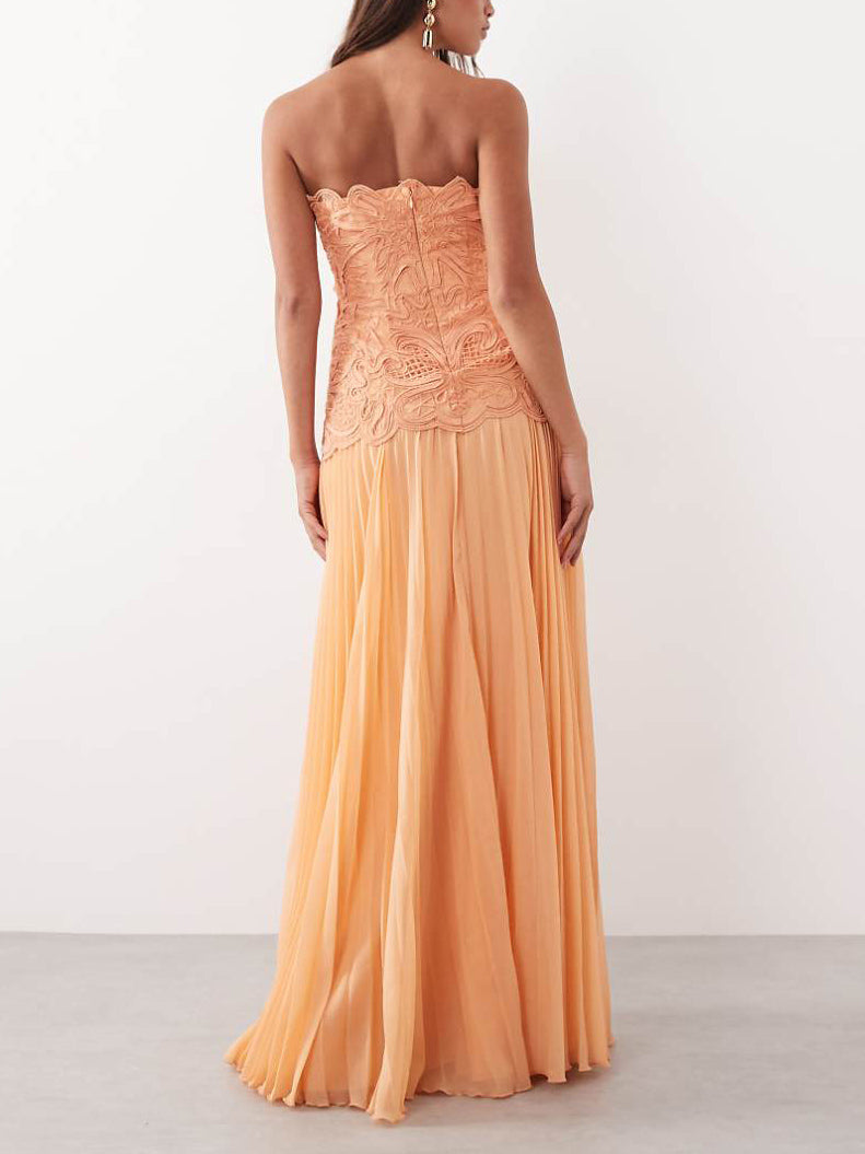 Orange Strapless Embroidered Lace Maxi Dress
