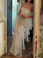 Silvery Sequin Fringe Strapless Maxi Dress