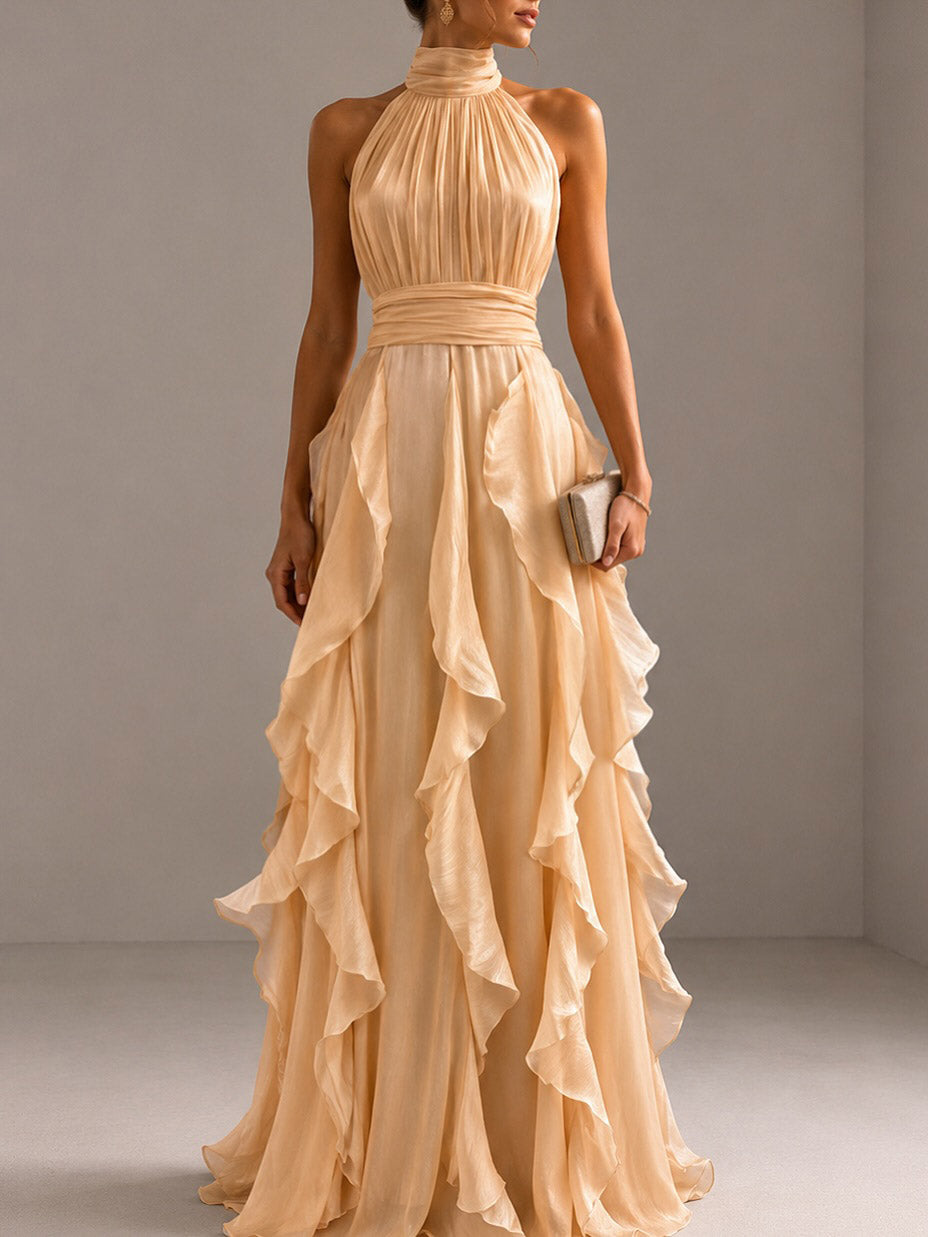 Elegant Tiered Ruffle Halter Maxi Dress