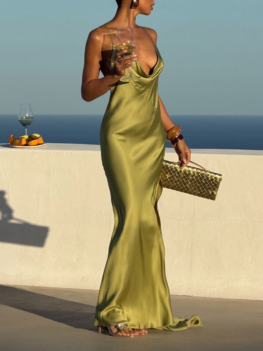 Olive Green Satin High Slit Maxi Dress