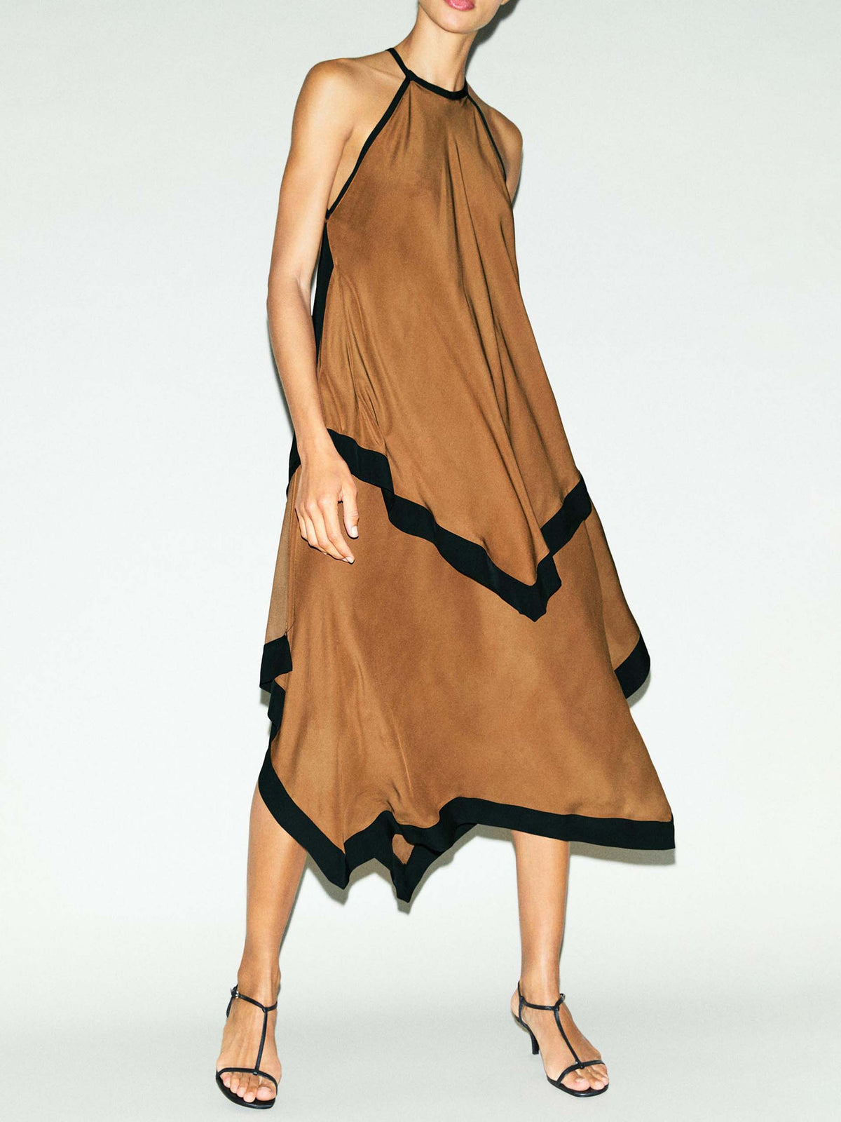 Brown Contrast Edge Asymmetric Hem Midi Dress