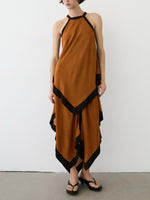 Brown Contrast Edge Asymmetric Hem Midi Dress