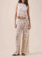 Beige Crochet Knit Tank and Wide-Leg Pants Two-Piece Set
