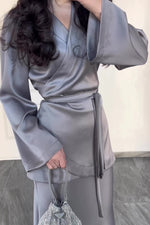 Grey Satin Wrap Top and Skirt Two Piece Suits