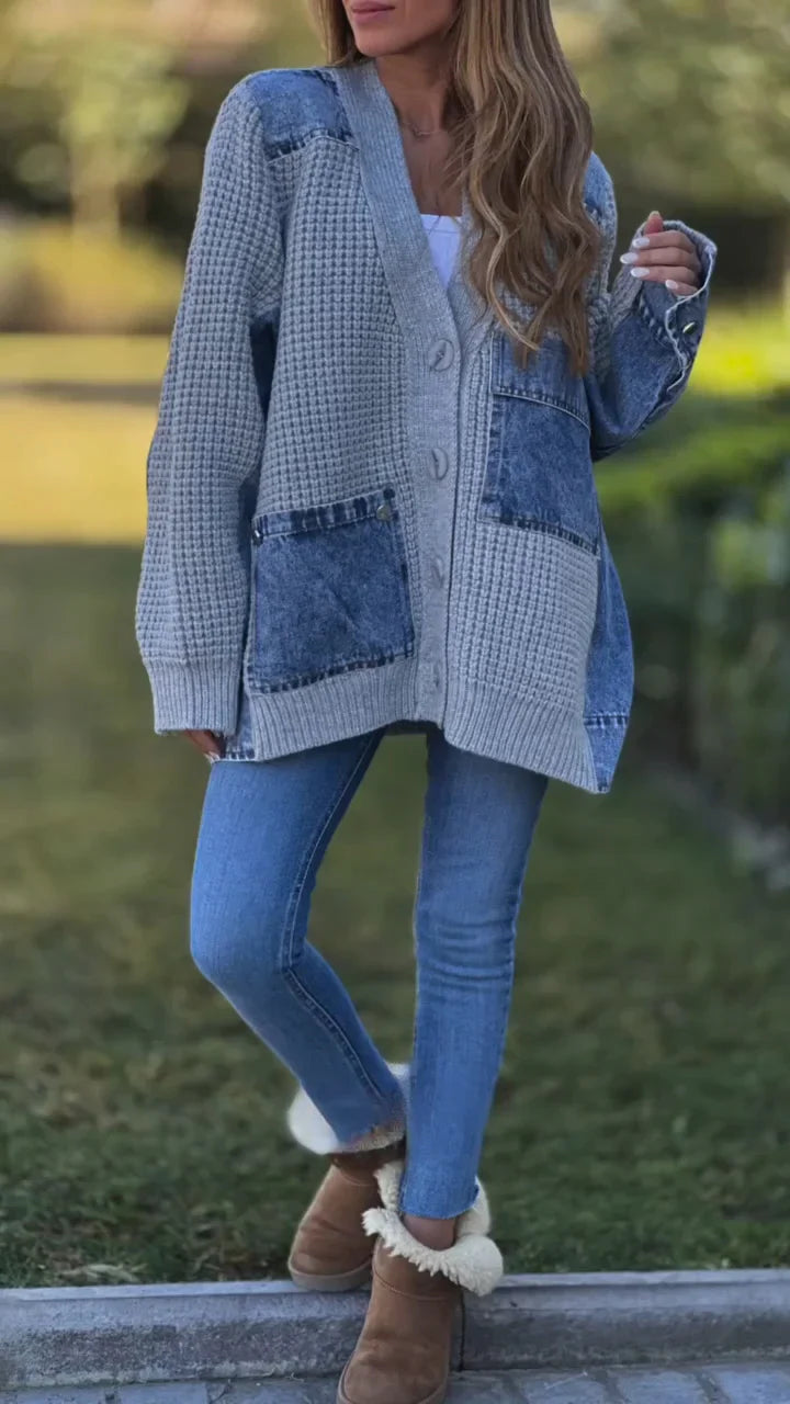 Slouchy Denim Patchwork Knitted Cardigan Jacket