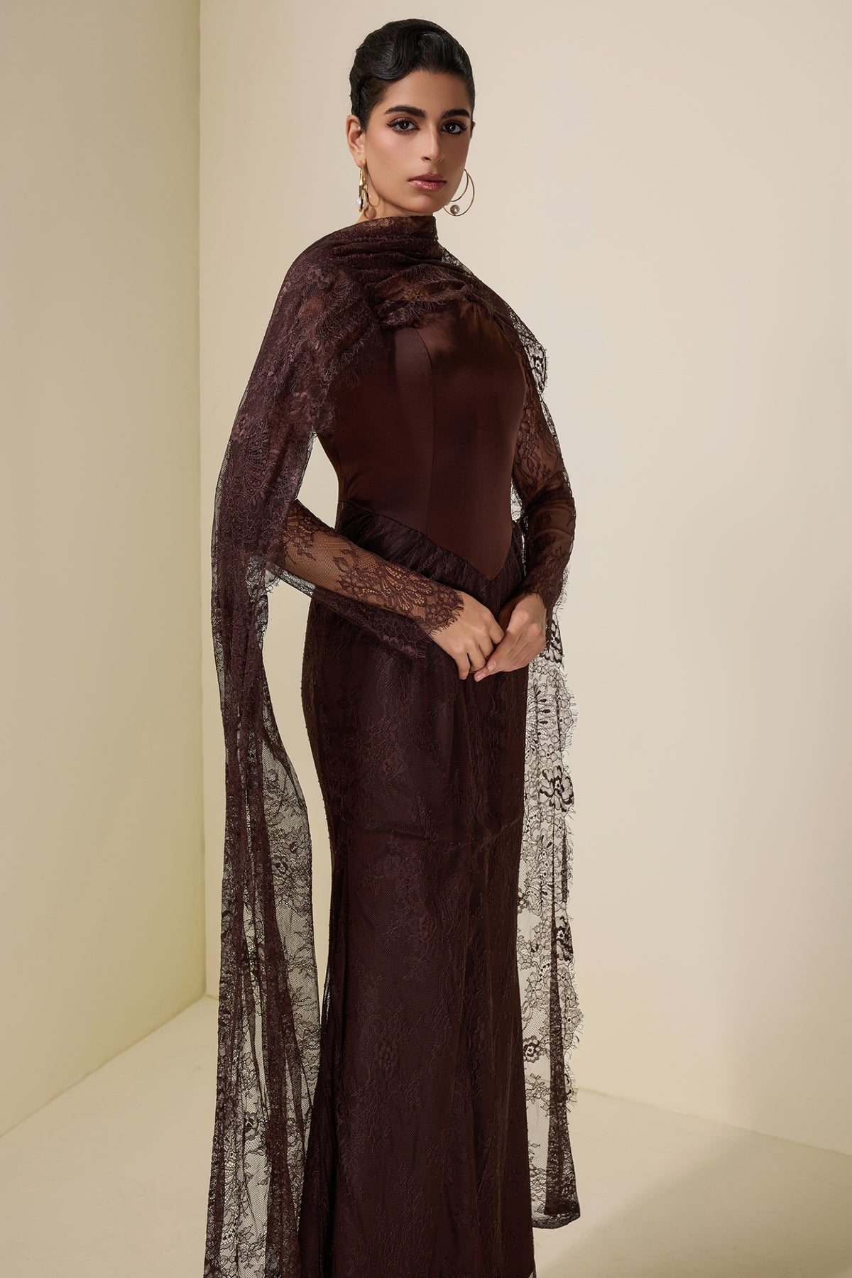 Brown Crochet Lace Shawl Long Dress